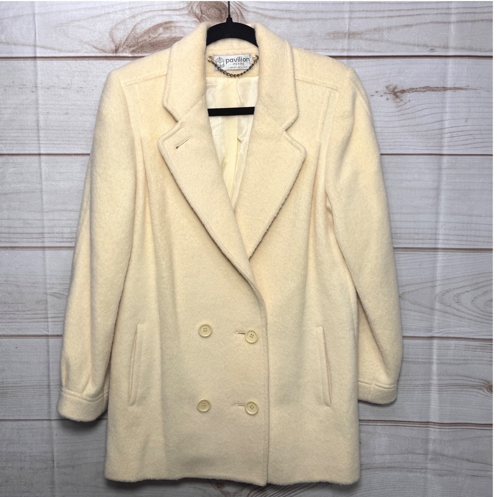 Vintage Pavilion Petite Cream Yellow 100% Wool Double Breasted Coat Made in USA